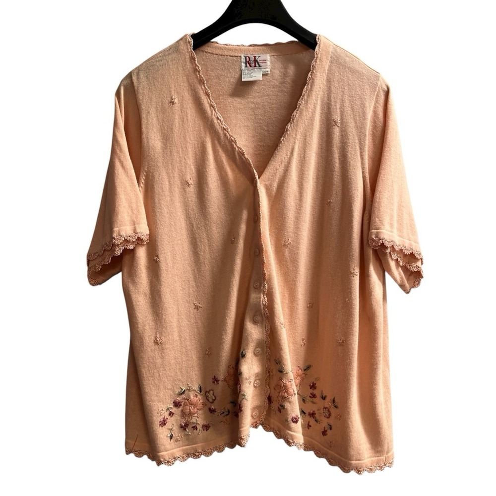 RK Original‎ Sweater Womens 20W Pink Floral Embroidered Beaded Cardigan Cottage